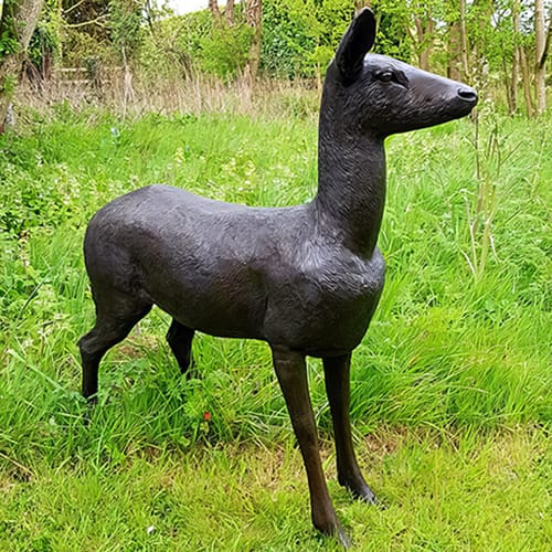 Hollow Cast Bronze Deer : Red Deer Hind : Head Up :
