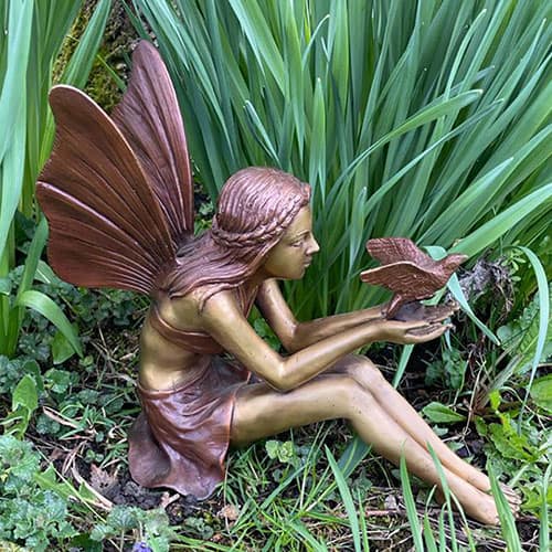 Hollow Cast Bronze Fairy : Bella with her Feathered Friend