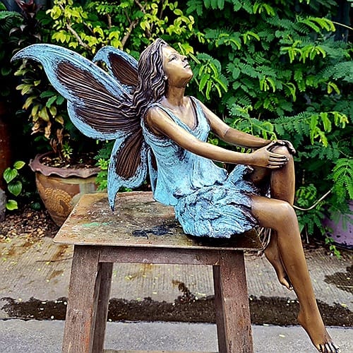 Hollow Cast Bronze Fairy : Fleur in a Seated Pose : Blue : Large